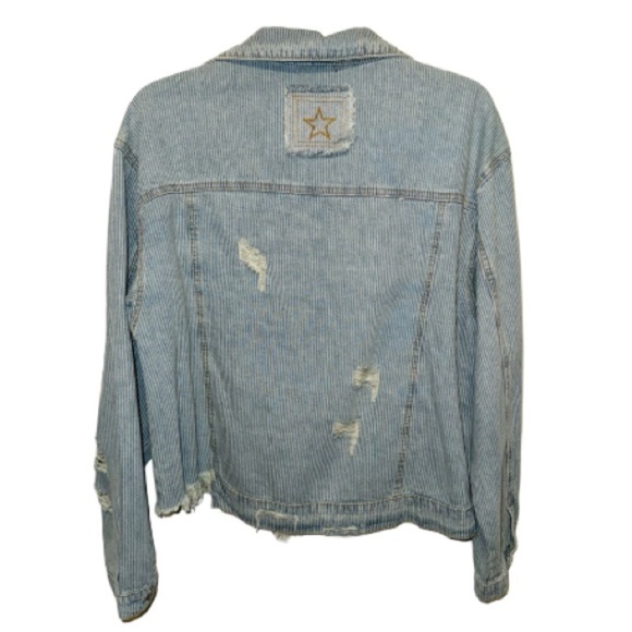 Vici Denim Blue Stripe Distressed Jean Jacket Sz Small Grunge Thrashed skater - Picture 2 of 8
